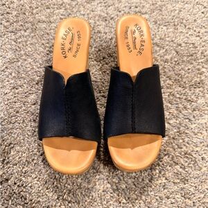 Kork-Ease Black Leather Slide Mules with Tan Footbed